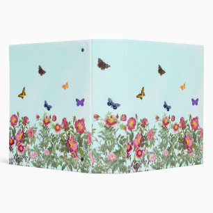 Rose Garden with Butterflies on Blue Background 3 Ring Binder