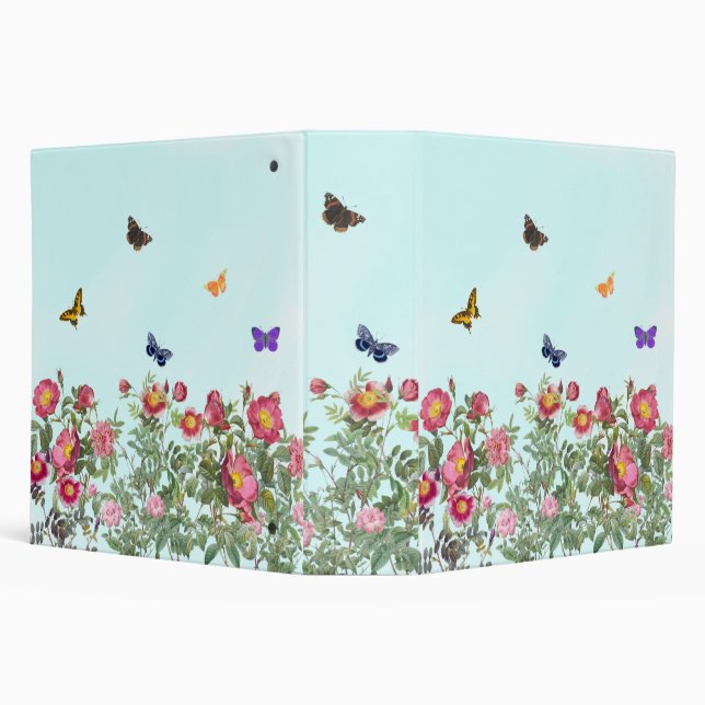 Rose Garden with Butterflies on Blue Background 3 Ring Binder (Background)