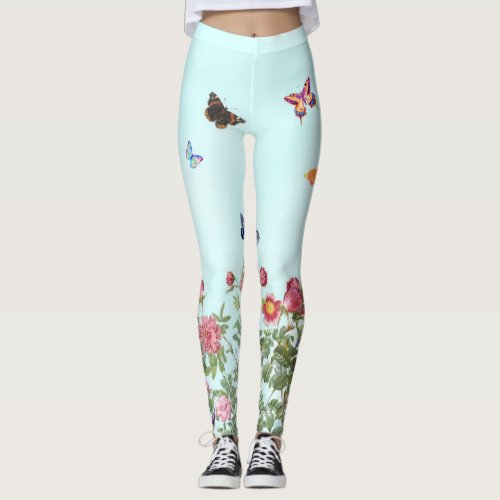 Rose Garden with Butterflies on Blue Background Leggings