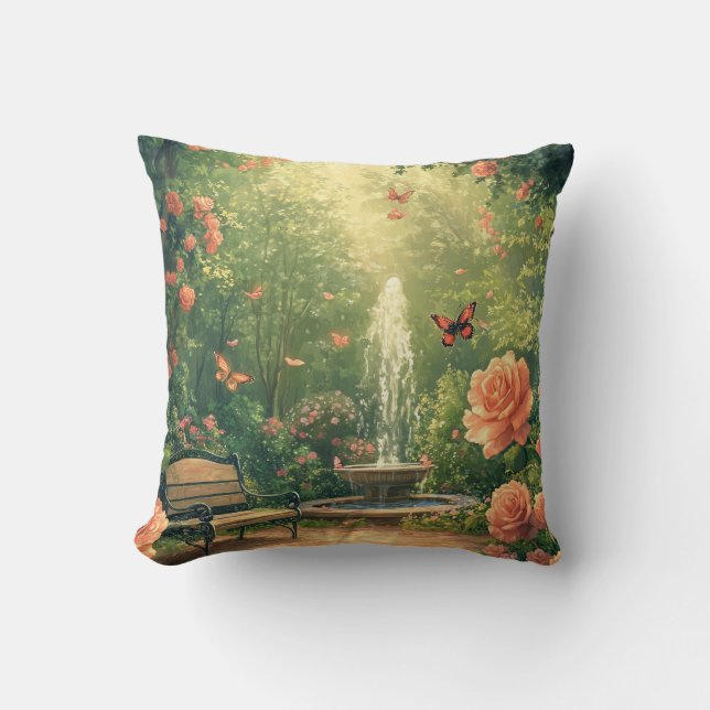 rose garden with fountain throw pillow (Front)
