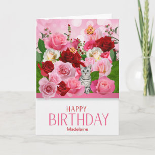 Rose Garden with Tabby Cat and Name Birthday Card