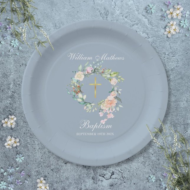 Rose Garland Baptism Christening Dusty Blue Paper Plates (Rose Garland Baptism Christening Dusty Blue Paper Plates)