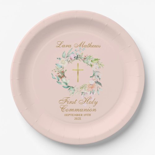 Rose Garland First Holy Communion Blush Pink Paper Plates