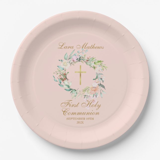 Rose Garland First Holy Communion Blush Pink Paper Plates (Front)