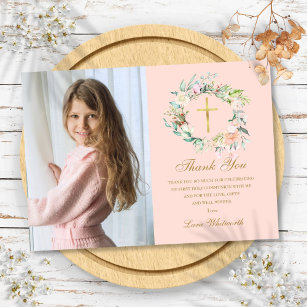 Rose Garland Floral First Holy Communion Photo  Thank You Card