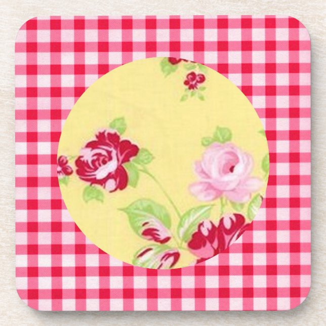 Rose Gingham Floral Cork Coaster (Front)