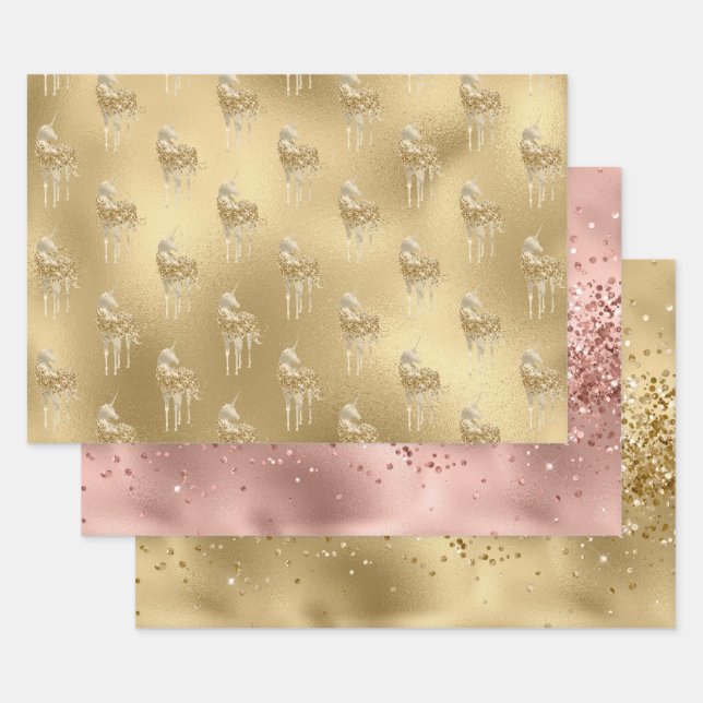 Rose Glam Gold Glitzy Sparkle Glitter Unicorn   Wrapping Paper Sheets (Set)