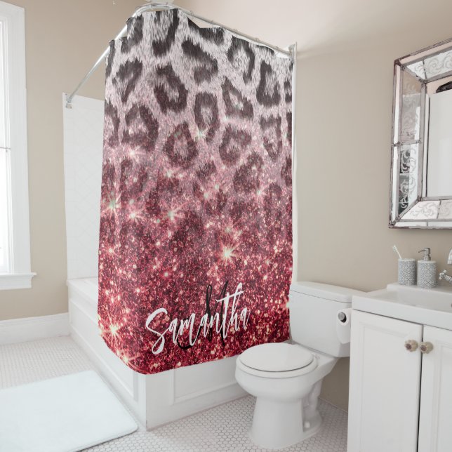 Rose Glitter and Leopard Print Shower Curtain (In Situ)