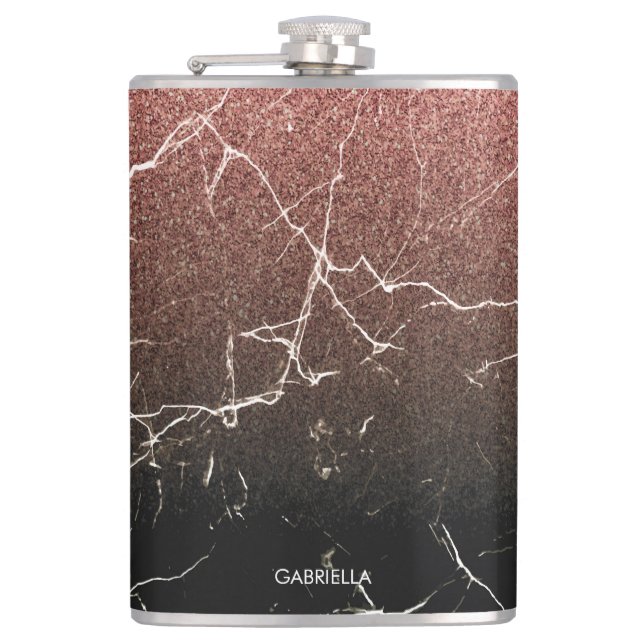 Rose Glitter Black Marble Flask (Front)