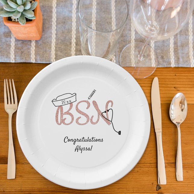 Rose glitter BSN Nurse graduation pinning party Paper Plates (Creator Uploaded)