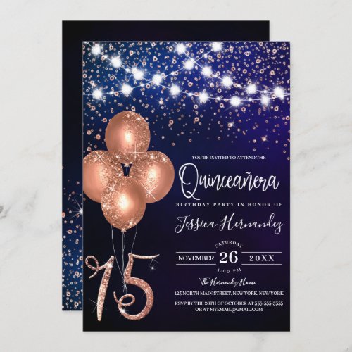 Rose Glitter Confetti Balloons Light Quinceaera Invitation