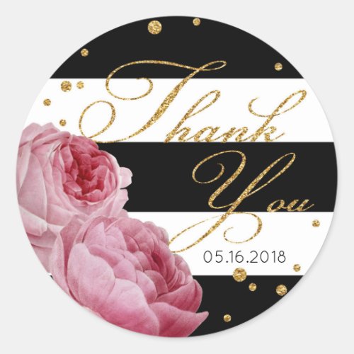 Rose Glitter Confetti Stripe Modern Floral Wedding Classic Round Sticker