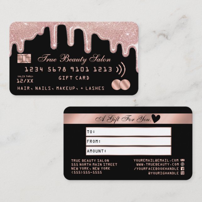 Rose Glitter Drips Black Credit Gift Certificate (Front/Back)