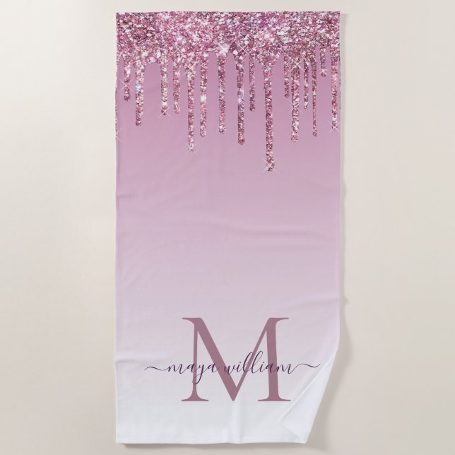  Rose Glitter Drips Personalized Monogram and name Beach Towel (Front)