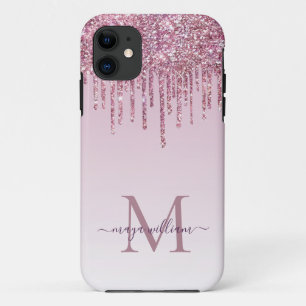 Rose Glitter Drips Personalized Monogram And Name iPhone 11 Case