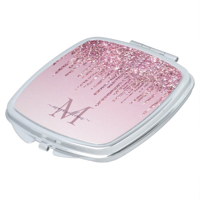  Rose Glitter Drips Personalized Monogram And Name Compact Mirror (Turned)
