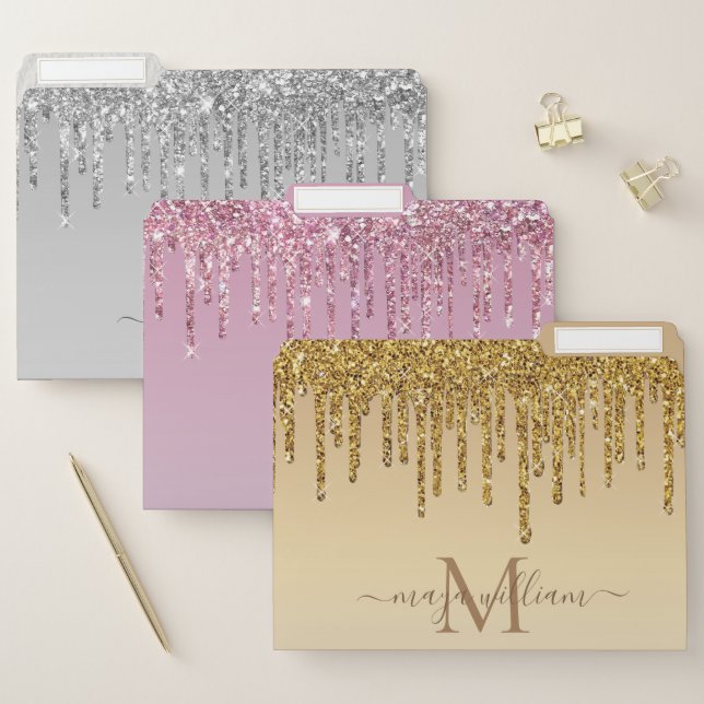  Rose Glitter Drips Personalized Monogram And Name File Folder (Set)