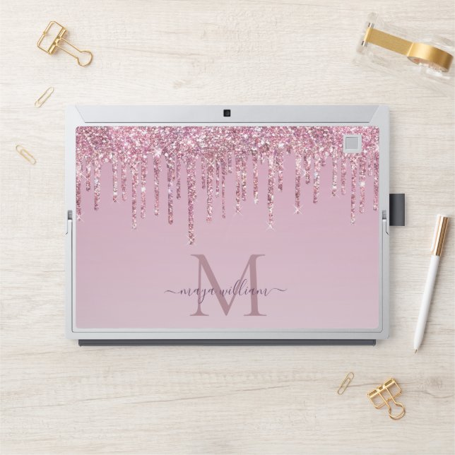  Rose Glitter Drips Personalized Monogram And Name HP Laptop Skin (Desk)