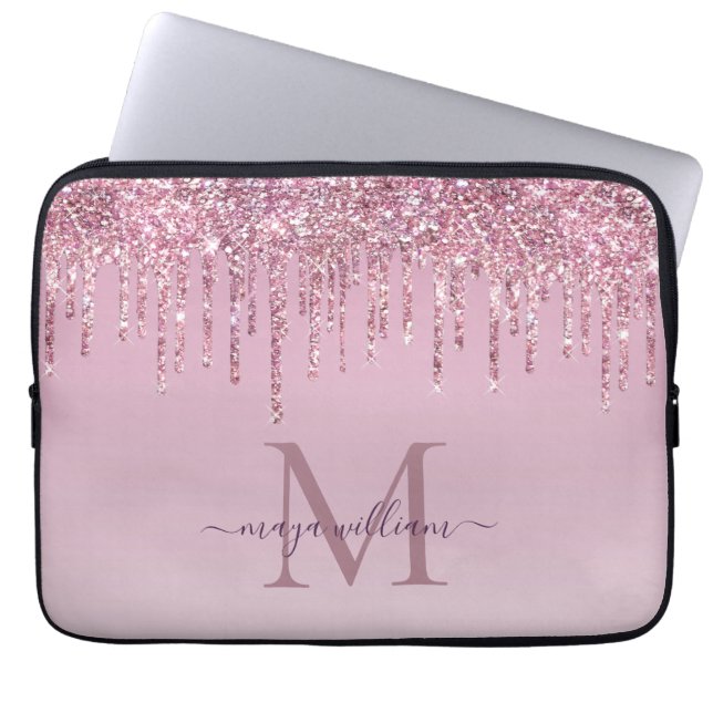  Rose Glitter Drips Personalized Monogram And Name Laptop Sleeve (Front)
