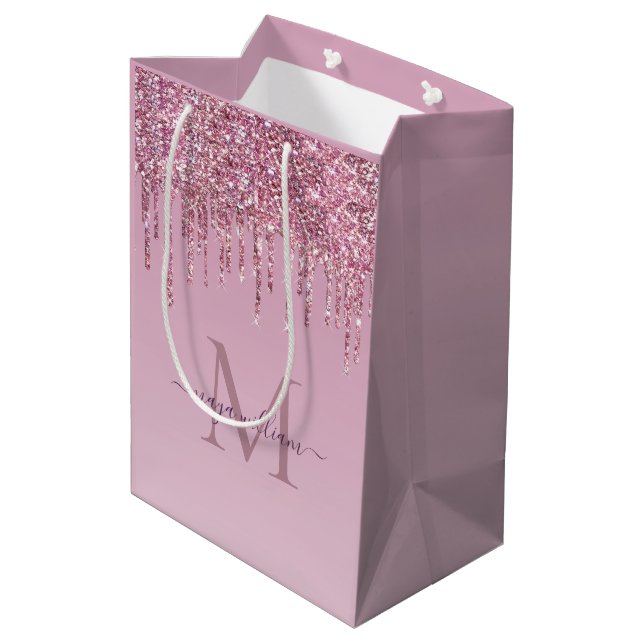  Rose Glitter Drips Personalized Monogram And Name Medium Gift Bag (Back Angled)