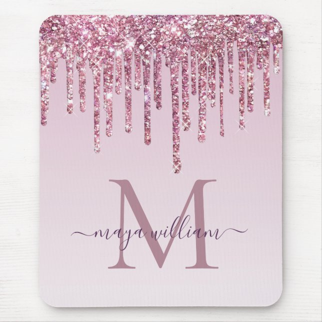  Rose Glitter Drips Personalized Monogram And Name Mouse Pad (Front)