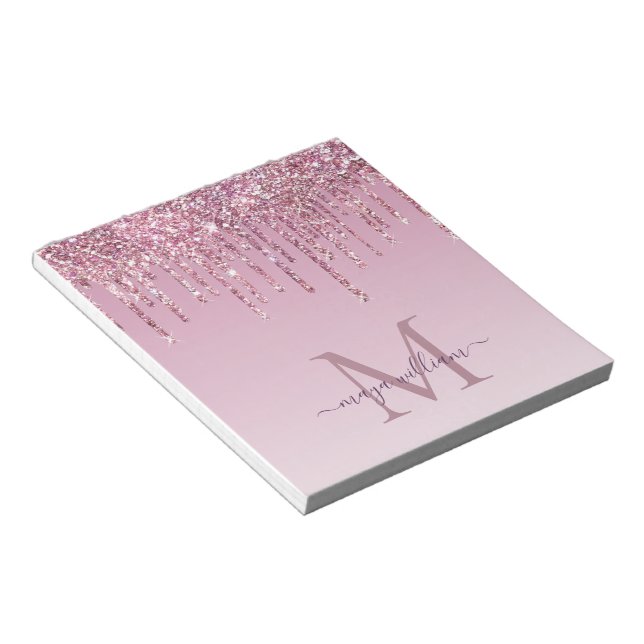  Rose Glitter Drips Personalized Monogram And Name Notepad (Angled)