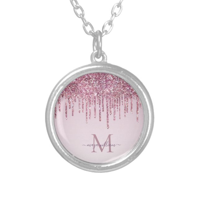  Rose Glitter Drips Personalized Monogram And Name Silver Plated Necklace (Front)