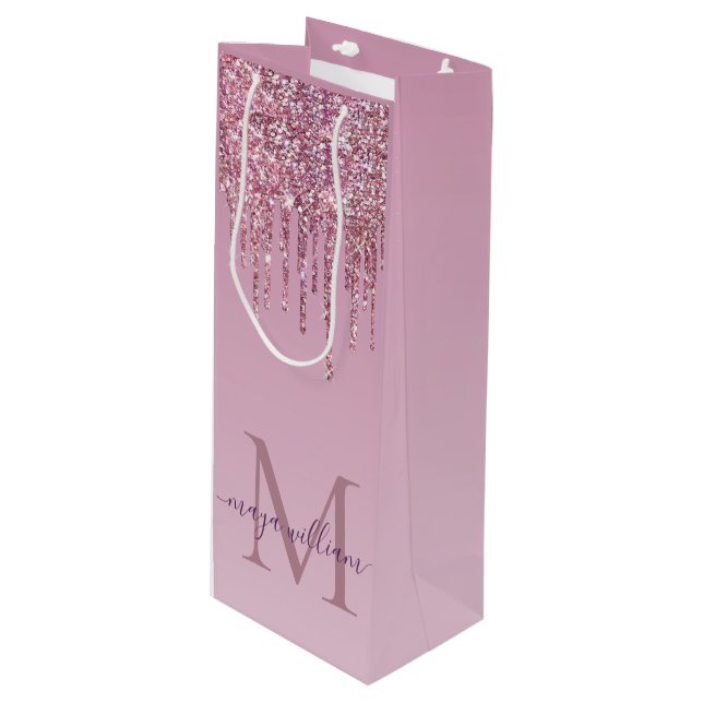  Rose Glitter Drips Personalized Monogram And Name Wine Gift Bag (Front Angled)
