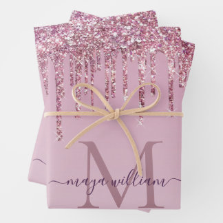 Rose Glitter Drips Personalized Monogram And Name Wrapping Paper Sheets