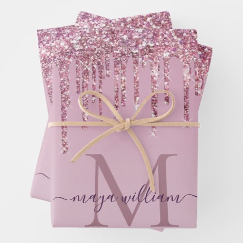  Rose Glitter Drips Personalized Monogram And Name Wrapping Paper Sheets