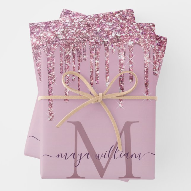  Rose Glitter Drips Personalized Monogram And Name Wrapping Paper Sheets (In situ)
