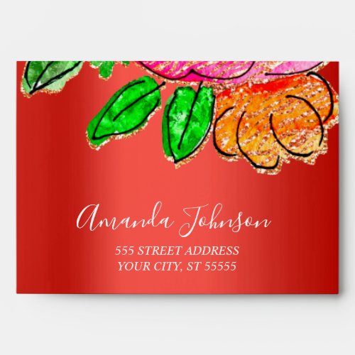 Rose Glitter Floral Wedding Bridal Red Boho Envelope