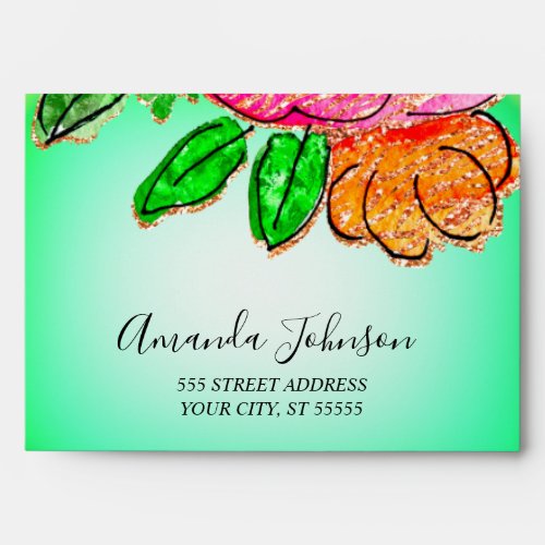 Rose Glitter Floral Wedding Bridal Red Boho Green Envelope