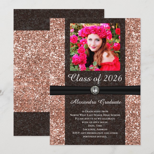Rose Glitter Gem Photo Class of 2026 Graduation Invitation (Front/Back)