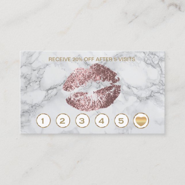 Rose Glitter Lips on Gray and White Marble Loyalty Card (Front)