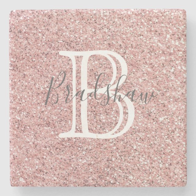  Rose Glitter  Monogram Name  Stone Coaster (Front)