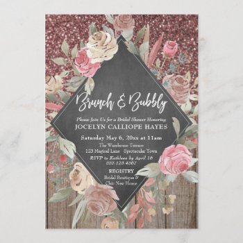 Rose Glitter Wood Floral Chalkboard Brunch Bubbly Invitation by PaperMuserie at Zazzle