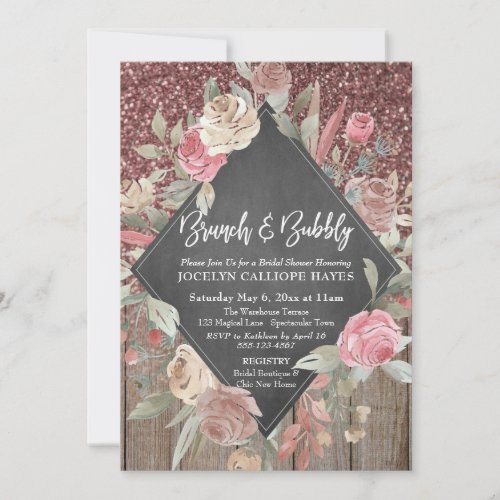 Rose Glitter Wood Floral Chalkboard Brunch Bubbly Invitation