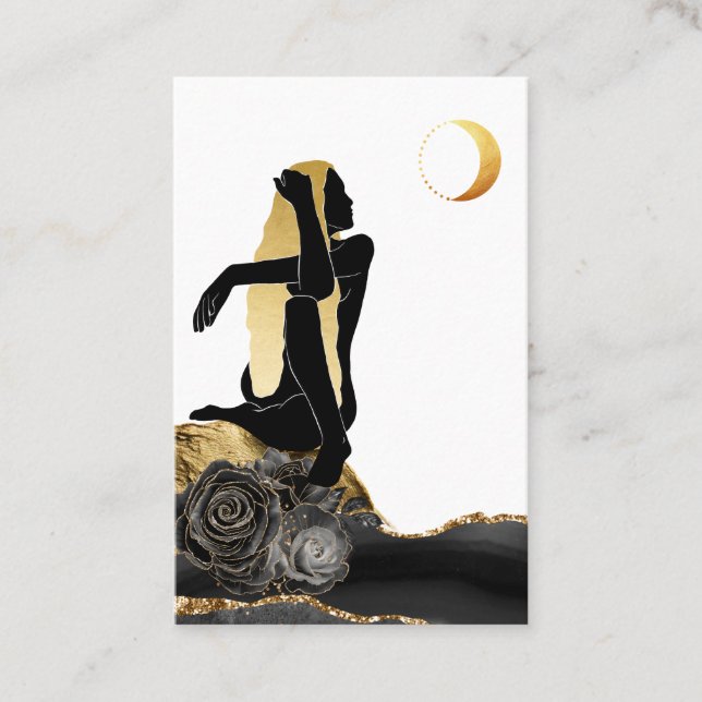 *~* Rose Goddess Black Gold Glitter Moon Business Card (Front)