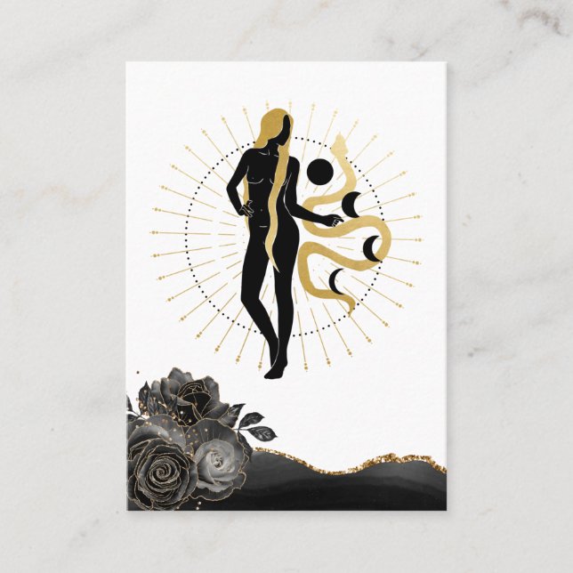 *~* Rose Goddess Black Gold Serpent Moon Phases Business Card (Front)
