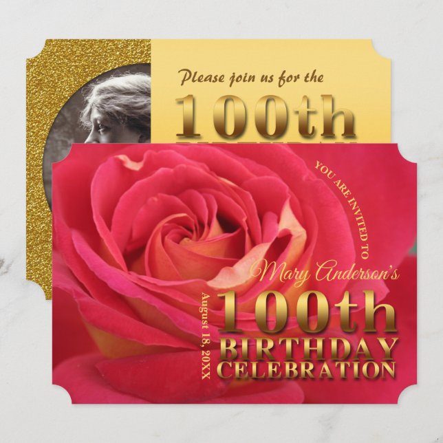 Rose Gold 100th Birthday Celebration add Photo Inv Invitation (Front/Back)