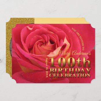 Rose Gold 100th Birthday Celebration Add Photo Inv Invitation by PBsecretgarden at Zazzle
