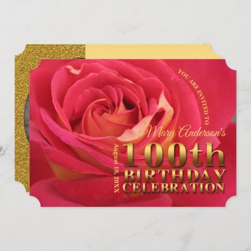 Rose Gold 100th Birthday Celebration add Photo Inv Invitation