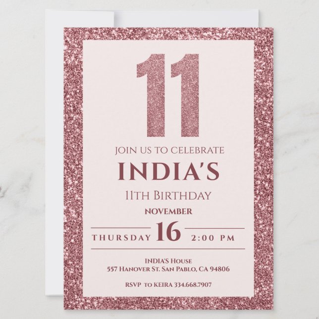 rose gold 11th birthday invitation (Front)