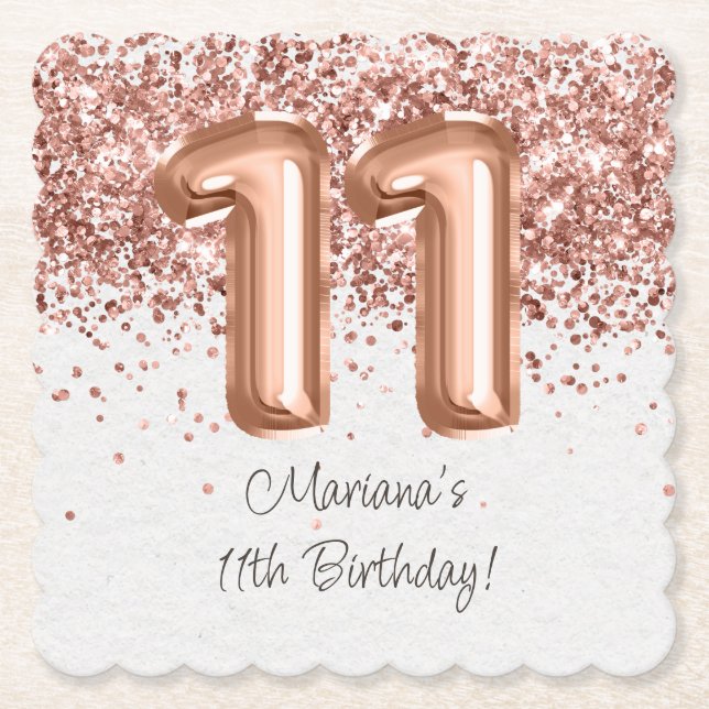  Rose Gold 11th Birthday Party Paper Coaster (Front)