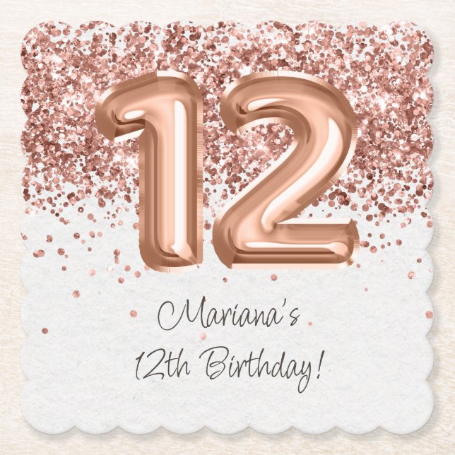  Rose Gold 12th Birthday Party Paper Coaster (Front)