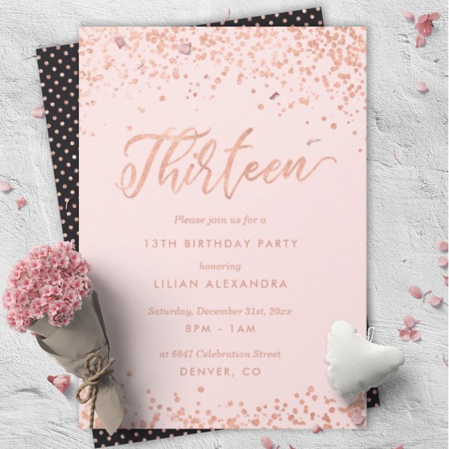 Rose Gold 13th Birthday Party Invitation Faux Foil