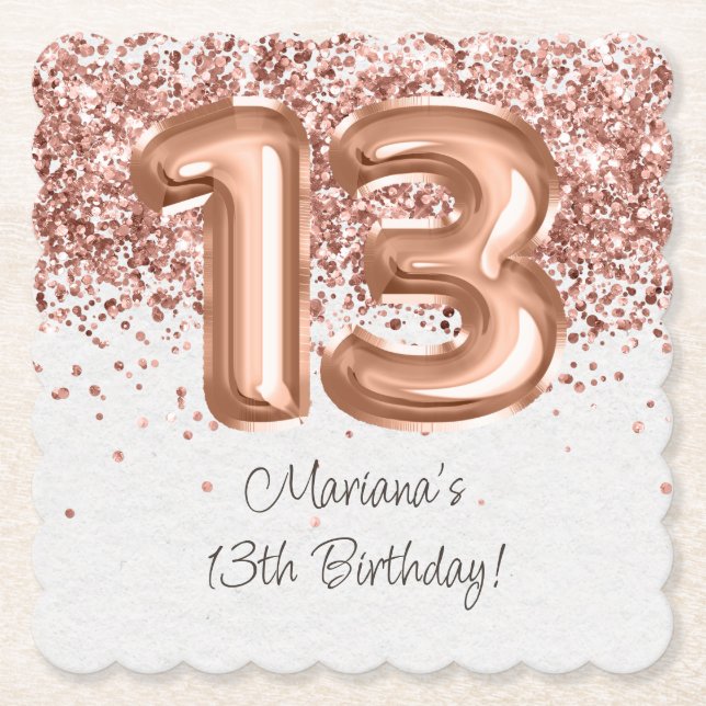  Rose Gold 13th Birthday Party Paper Coaster (Front)