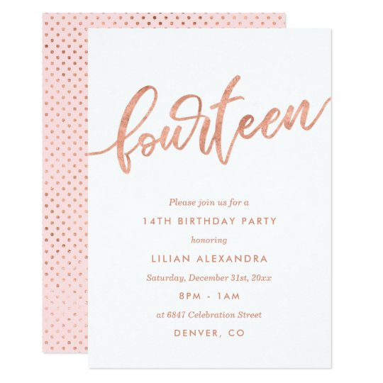 rose gold 14th birthday invitation faux foil zazzle com