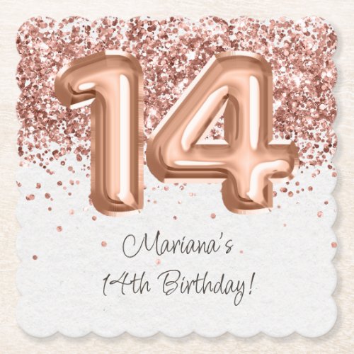  Rose Gold 14th Birthday Party Paper Coaster